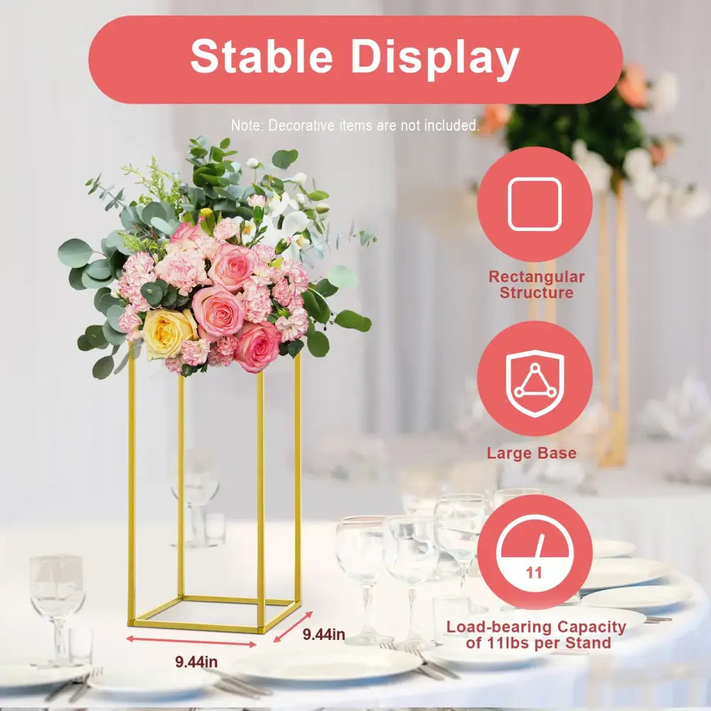 Gold metal wedding flower stand set with pink roses for dining room