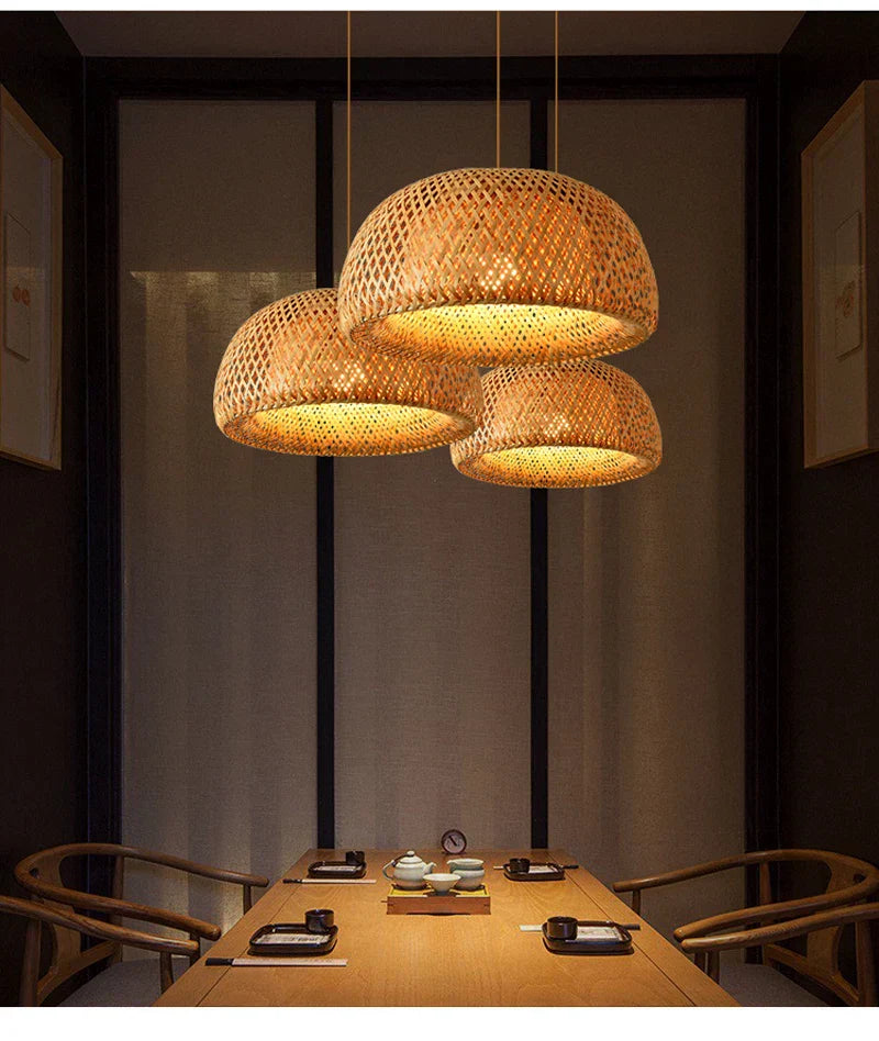 Boho natural bamboo pendant ceiling light dining room woven lamp