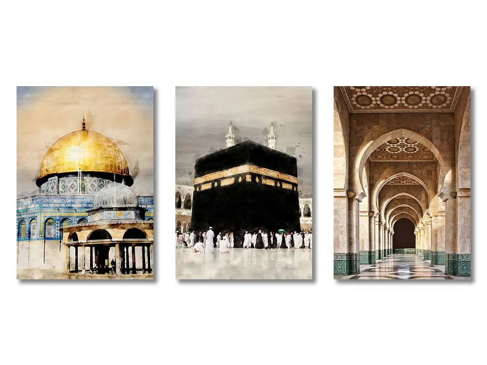 Modern ayatul kursi gray & gold canvas art set – living room decor