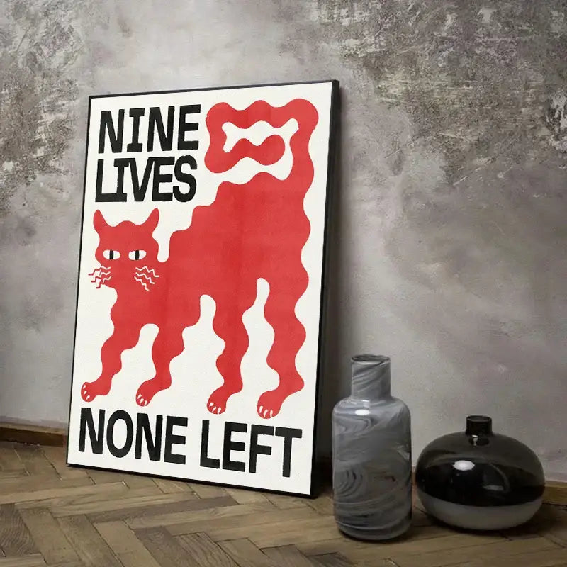 Abstract japanese koi cat wall art red & white living room poster