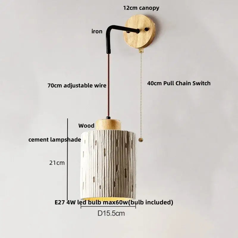 DecorBites™ LED Cement Wall Light with Pull Chain & Wood Socket - Nordic Modern Sconce