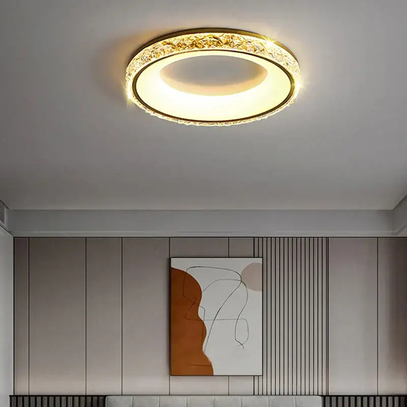 Modern textured crystal round ceiling light with remote control for bedroom