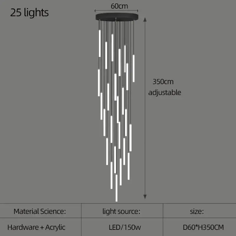 Modern black led spiral staircase ceiling chandelier for living room