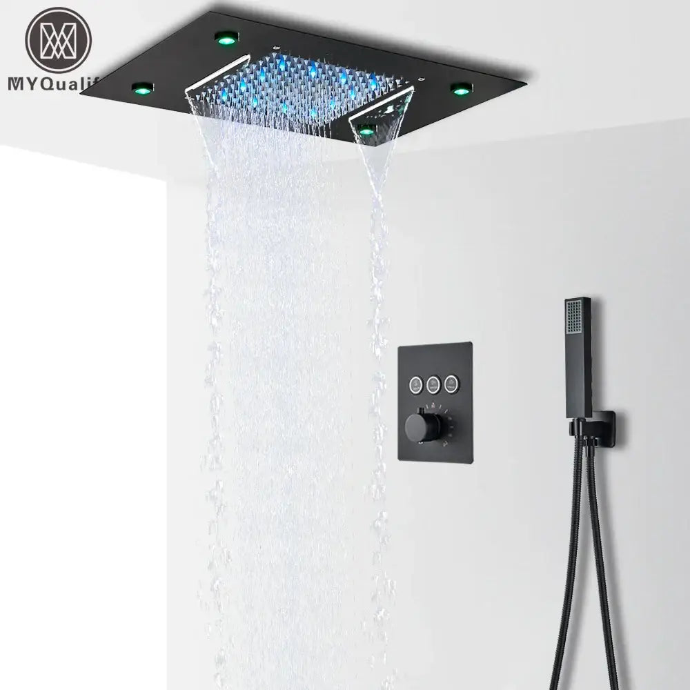 Black dual waterfall led thermostatic shower system bathroom rain head