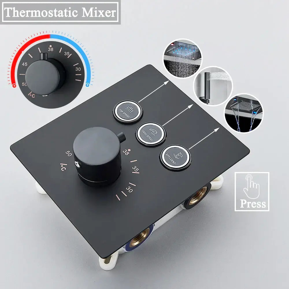 Black dual waterfall led thermostatic shower system bathroom rain head