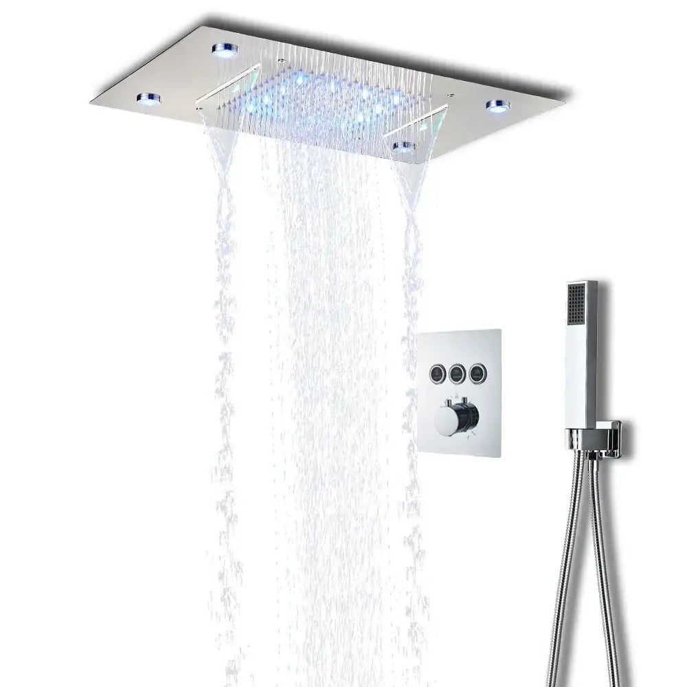 Black dual waterfall led thermostatic shower system bathroom rain head