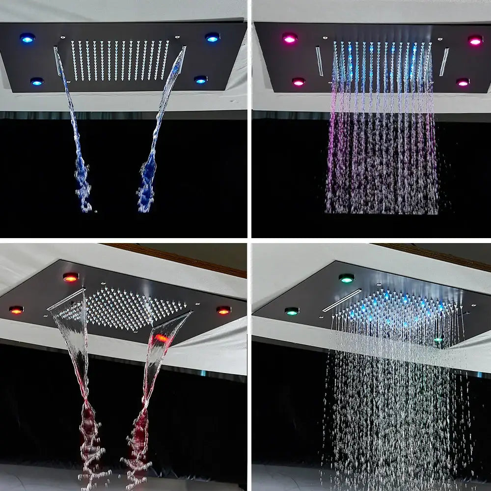 Black dual waterfall led thermostatic shower system bathroom rain head