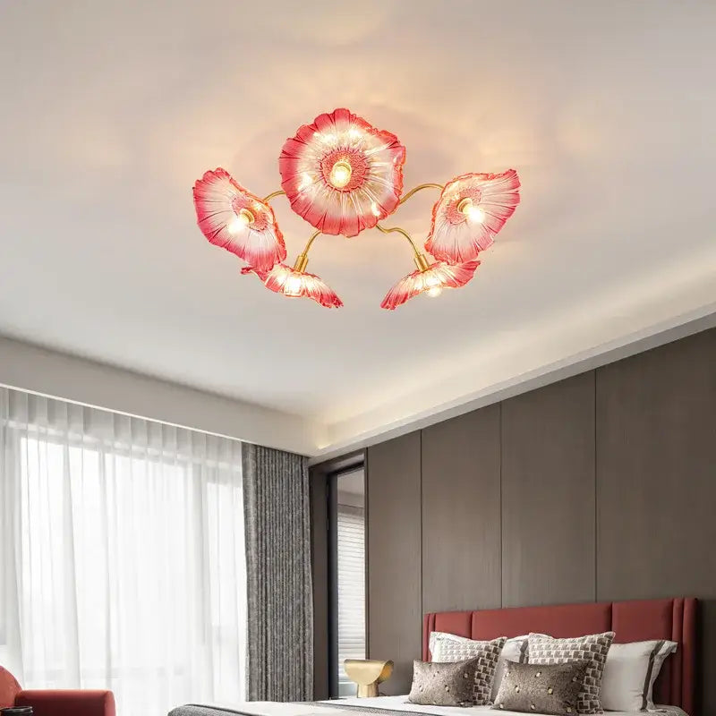 Elegant pink lotus leaf glass ceiling chandelier for living room