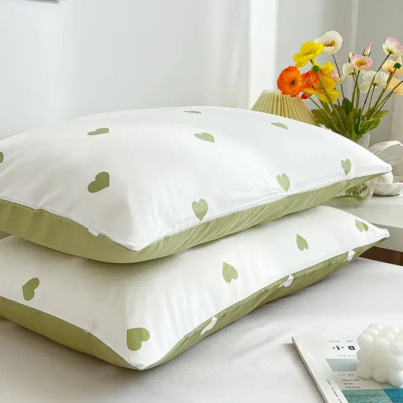 Love printed pillowcase set white & olive green bedroom decor