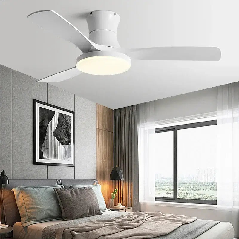 Modern black and dark wood low profile ceiling fan bedroom light
