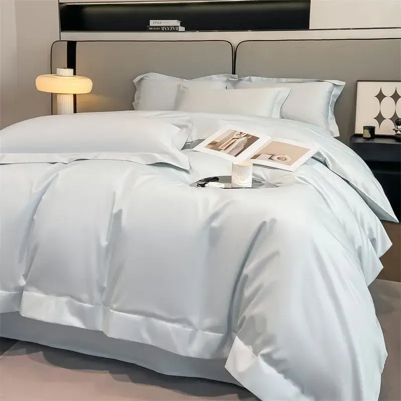 Luxurious light blue satin duvet cover set bedroom bedding