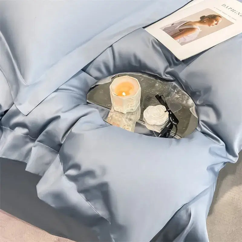 Luxurious light blue satin piece duvet cover set bedroom bedding