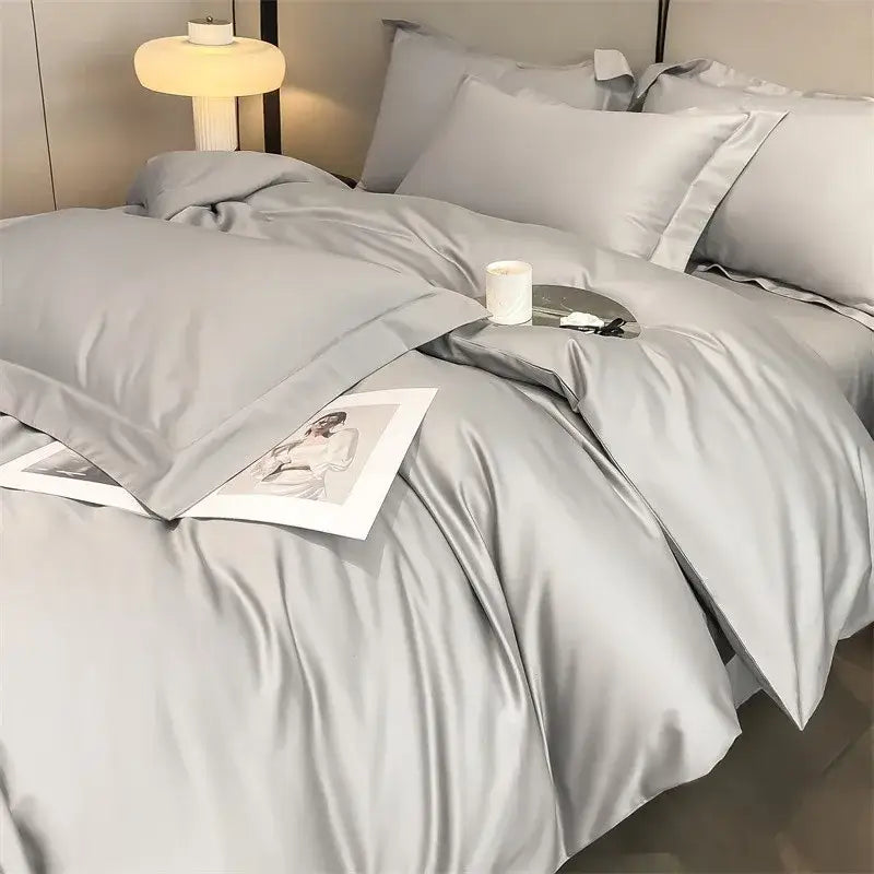 Luxurious light blue satin duvet cover set bedroom bedding