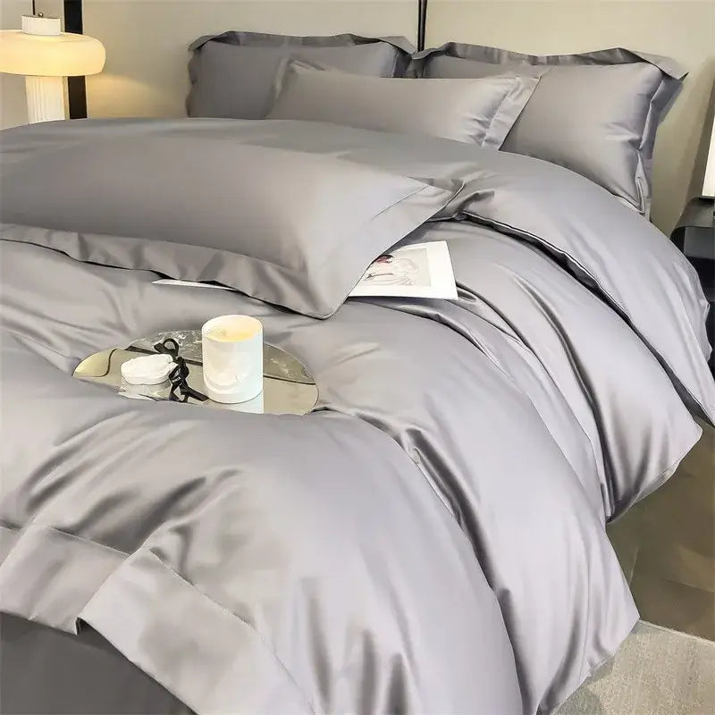 Luxurious light blue satin duvet cover set bedroom bedding