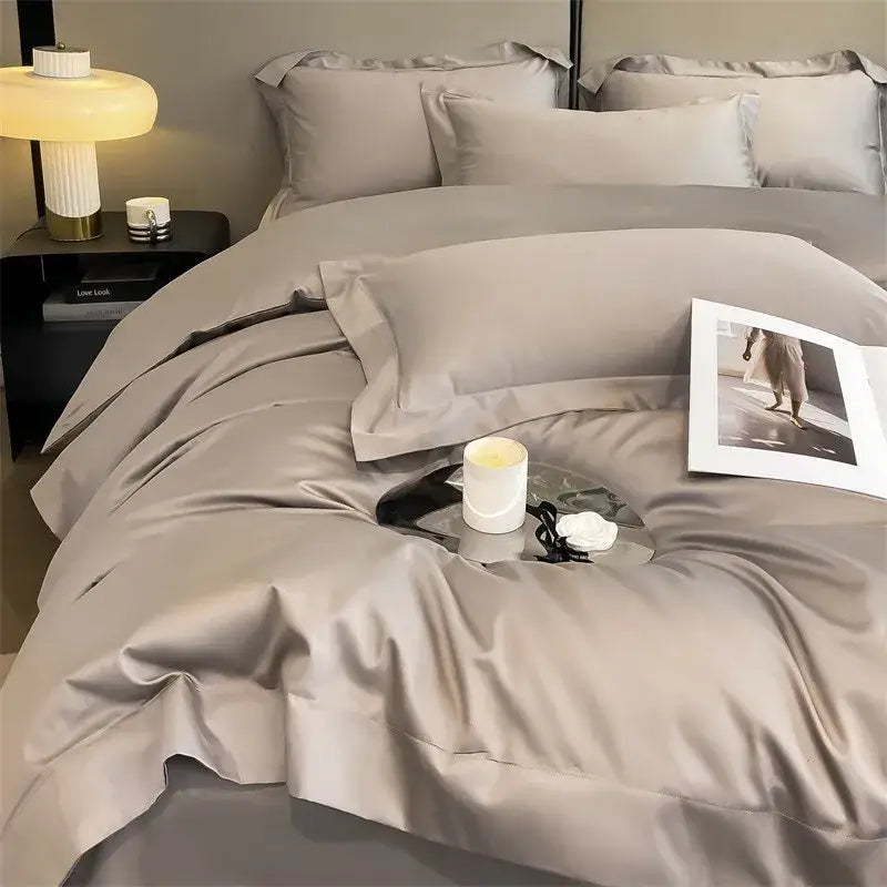 Luxurious gray satin duvet cover set bedroom stitched bedding