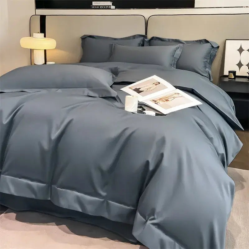 Luxurious light blue satin 3 piece duvet cover bedroom bedding set