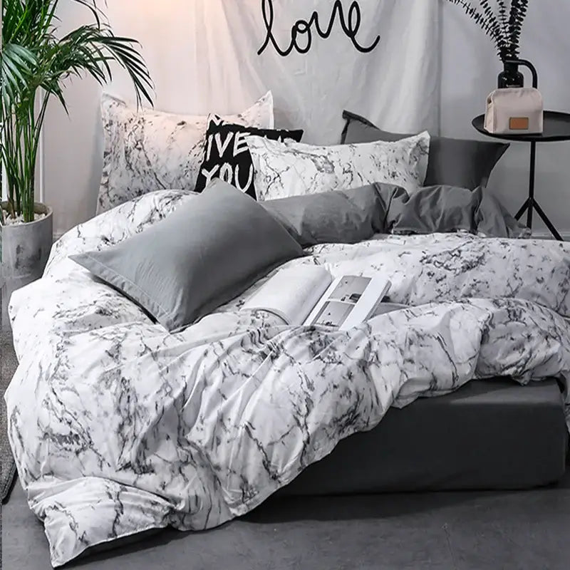 Modern minimalist black & gray marble duvet cover set bedroom bedding