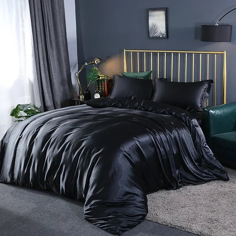 Luxurious white satin duvet cover bedroom bed sheet set