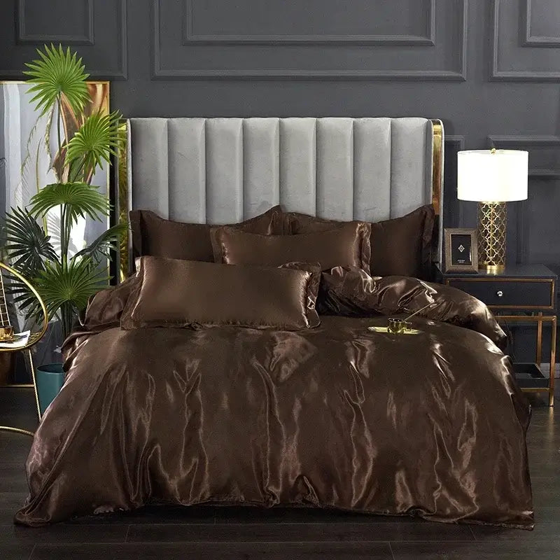 Lustrous purple satin duvet cover and bed sheet set bedroom bedding