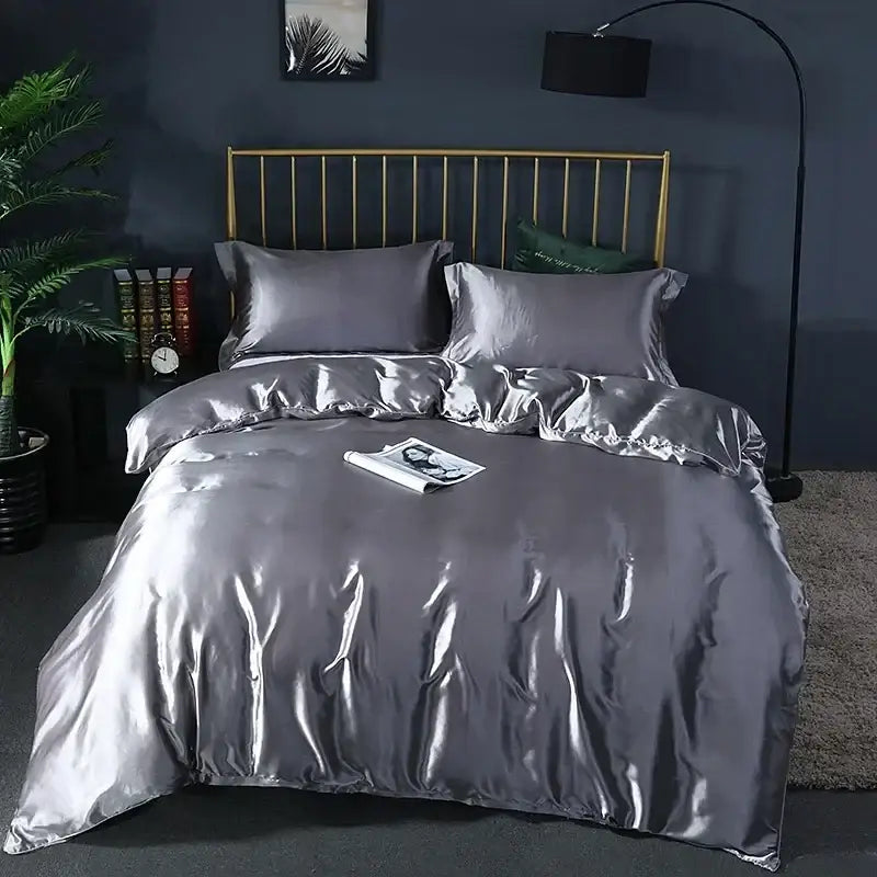 Lustrous purple satin duvet cover and bed sheet set bedroom bedding
