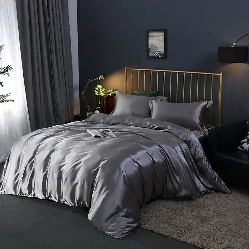 Luxurious olive green satin duvet cover set bedroom bed sheet