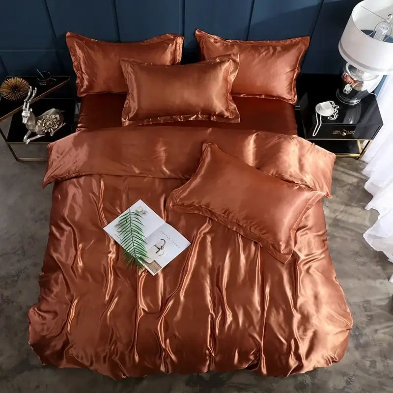 Luxurious gray silk satin duvet cover set bedroom bedding
