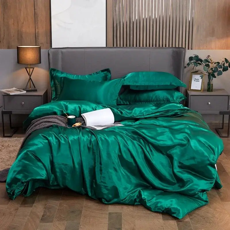 Luxurious gray silk satin duvet cover set bedroom bedding