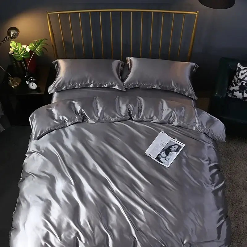 Luxurious gray silk satin duvet cover set bedroom bedding