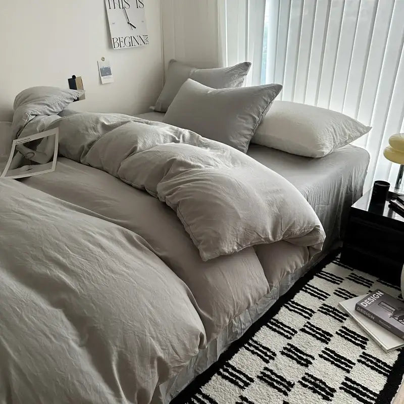 Quilted gray cotton bedding set bedroom duvet cover