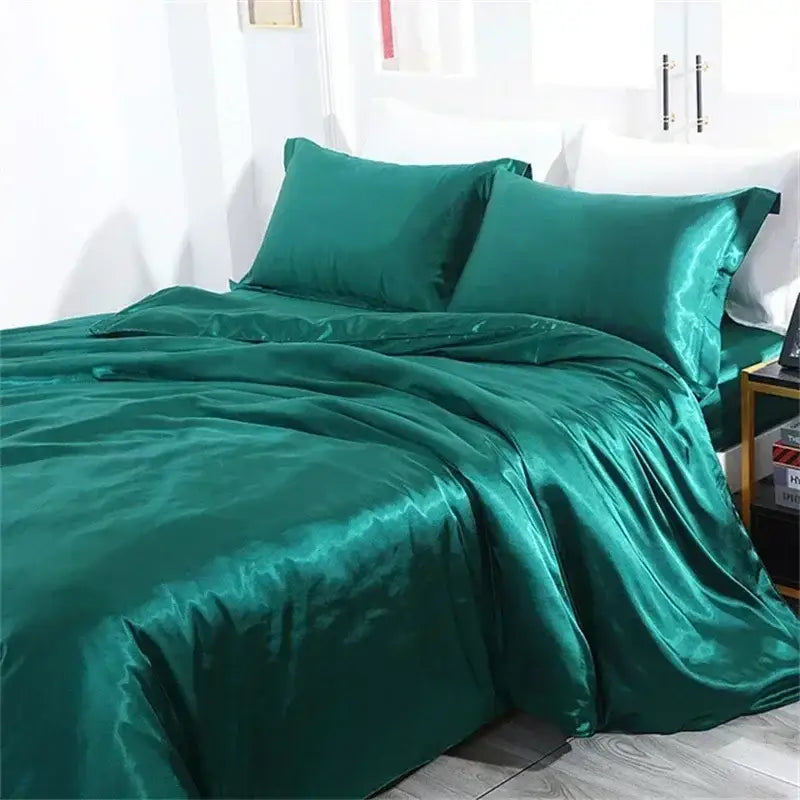 Luxurious teal satin bedding set with duvet cover for bedroom