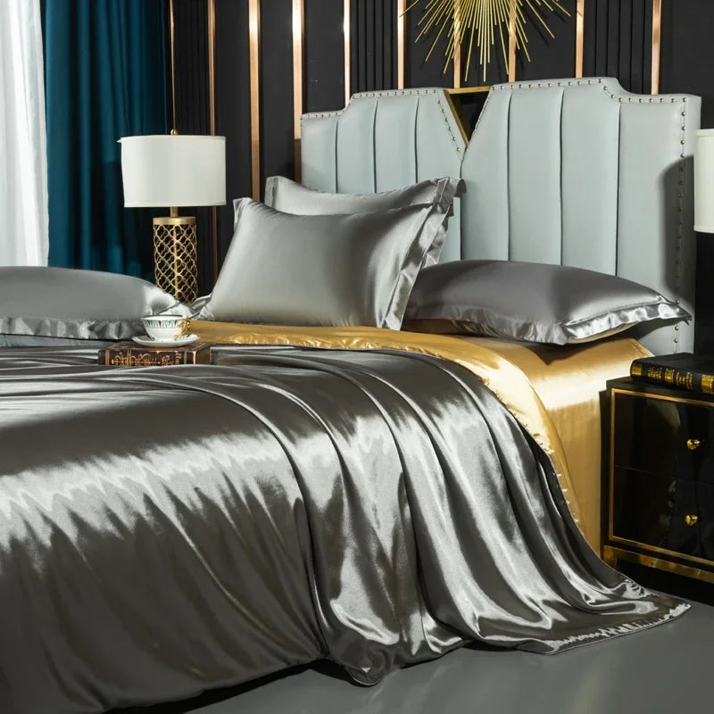 Luxurious teal glossy satin duvet cover bedroom bedding set