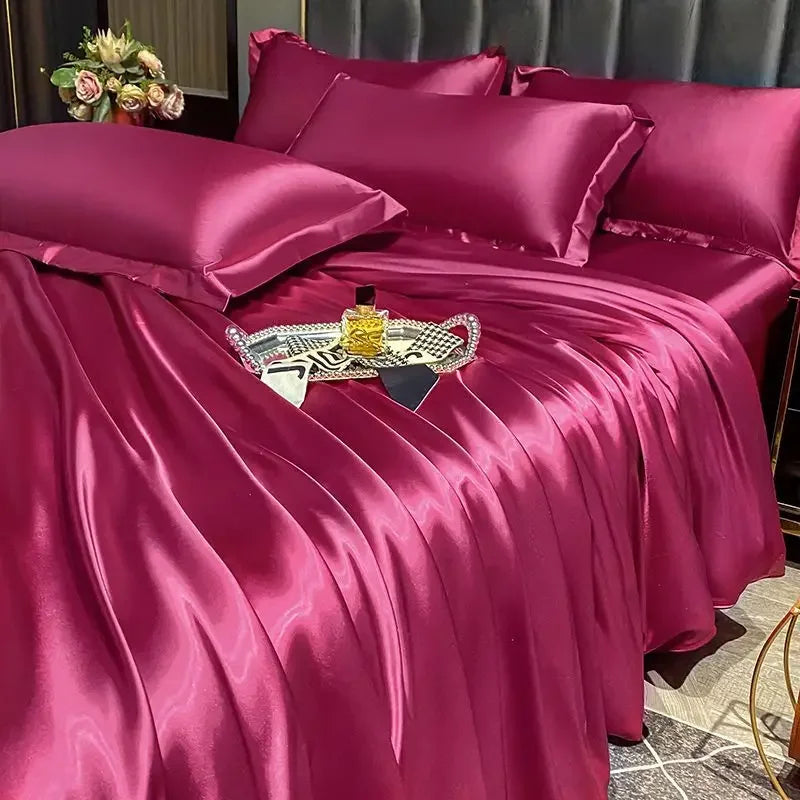 Luxurious purple satin ruffled duvet cover bedroom bedding set