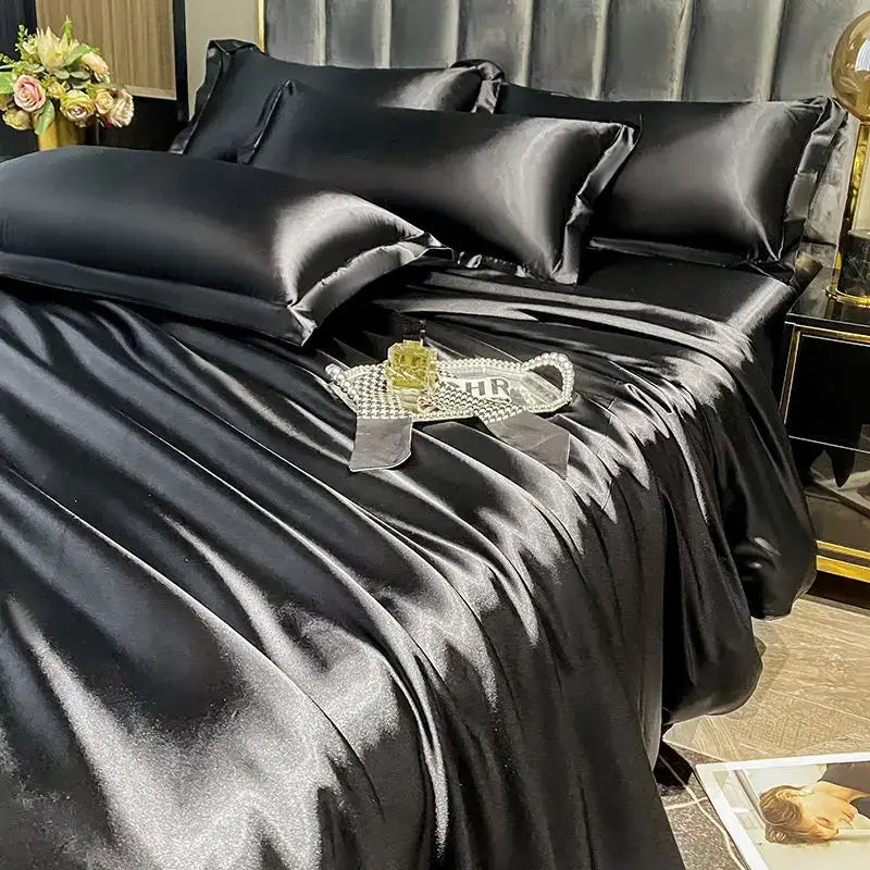 Luxurious navy satin duvet cover set bedroom bedding