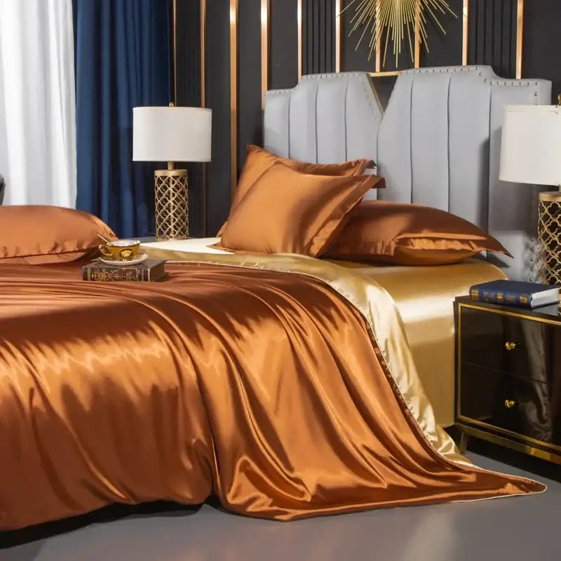 Luxurious burgundy satin duvet cover bedroom bedding set