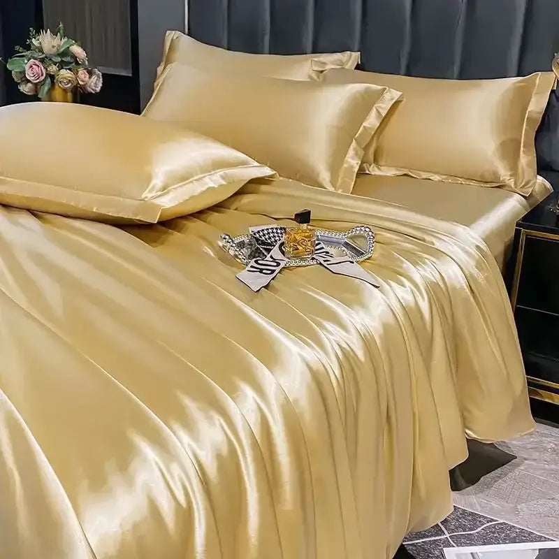 Luxurious bronze satin bedding set – bedroom duvet cover with gold trim
