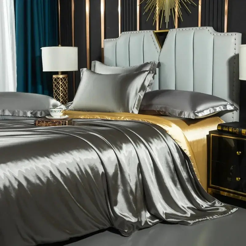 Luxurious bronze satin bedding set – bedroom duvet cover with gold trim