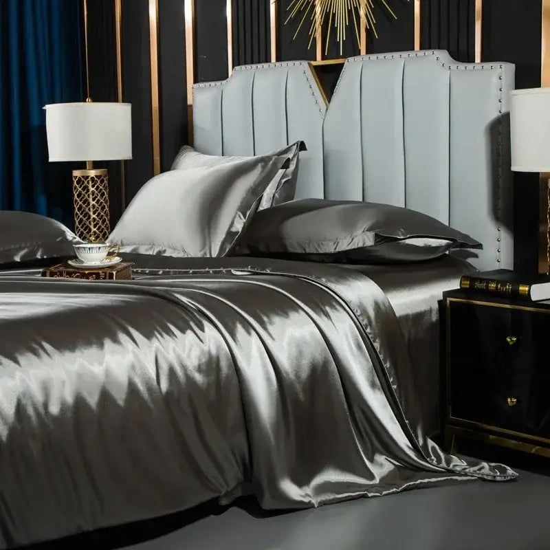 Golden satin silk duvet cover set bedroom luxury bedding