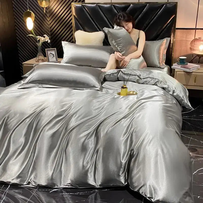 Lavender satin rayon silk duvet cover king size bedroom bedding set