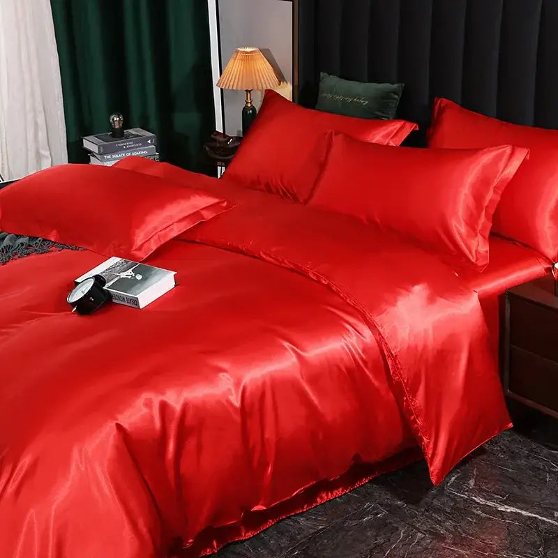 Luxurious emerald green satin duvet cover set bedroom bedding
