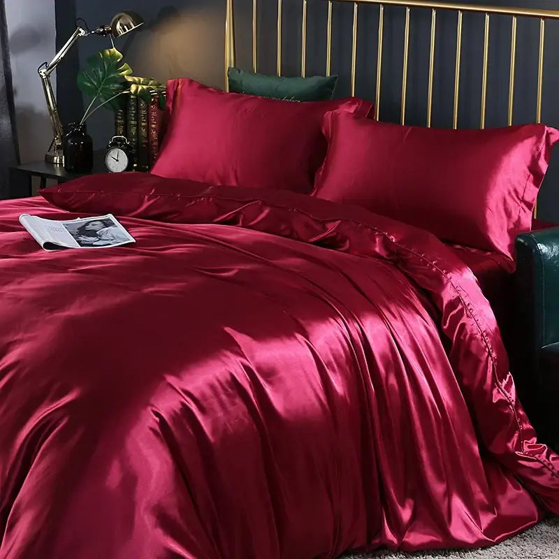 Luxurious emerald green satin duvet cover set bedroom bedding