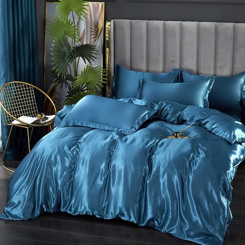Luxurious silver satin duvet cover bedroom bedding set