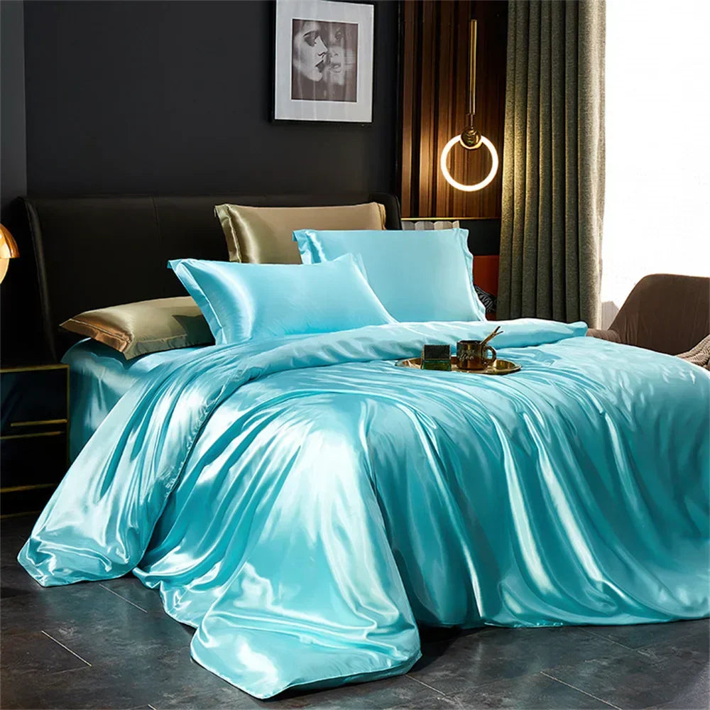 Luxurious turquoise satin bedding set with gold trim – bedroom duvet cover