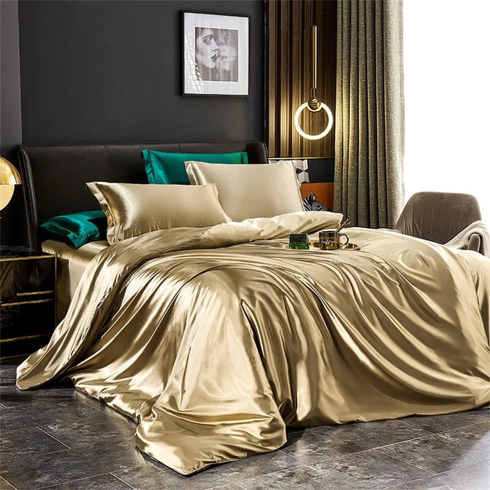 Luxurious turquoise satin bedding set with gold trim – bedroom duvet cover