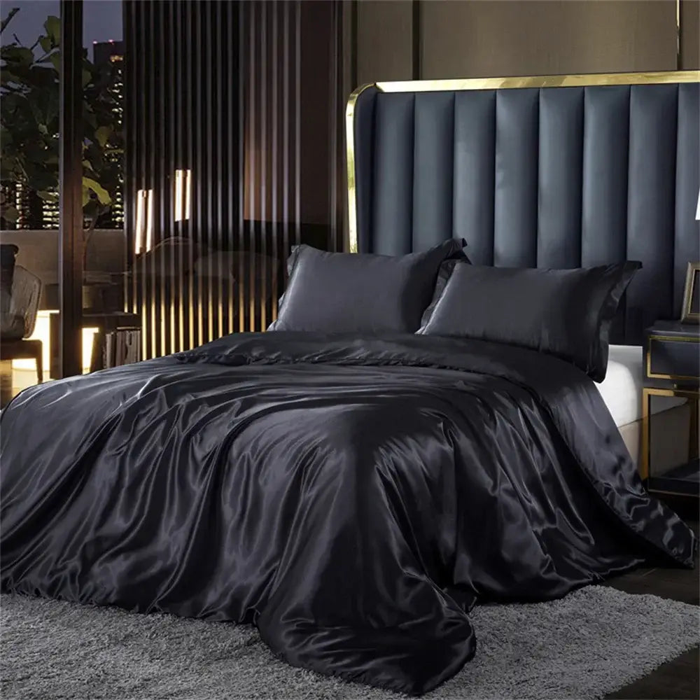 Luxurious turquoise satin bedding set with gold trim – bedroom duvet cover