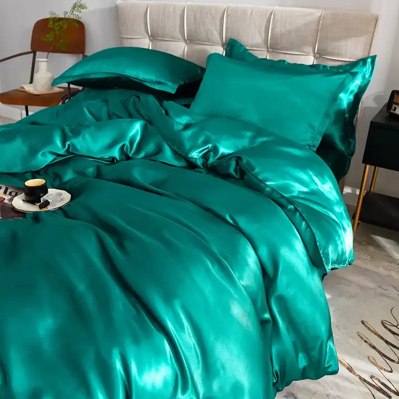 Luxurious gold satin silk bedding set bedroom ruffled edge decor