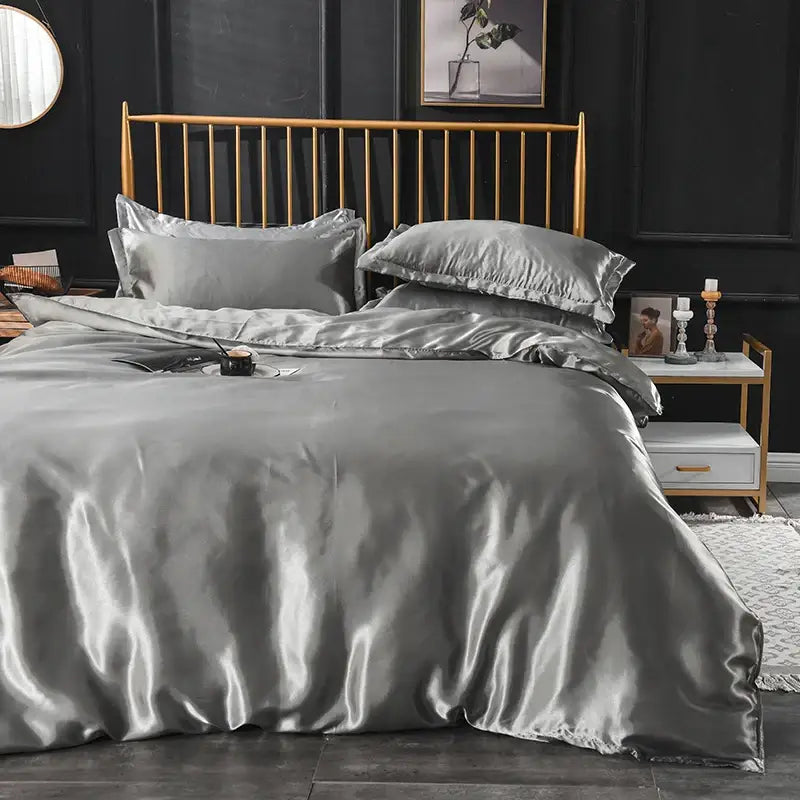 Luxurious gold satin silk bedding set bedroom ruffled edge decor