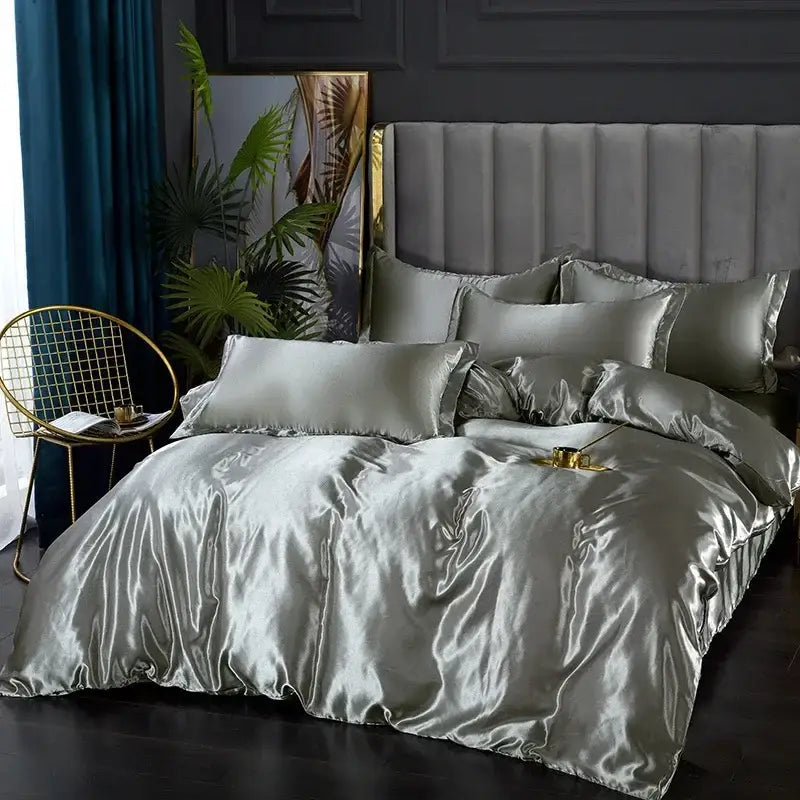 Luxurious white satin duvet cover bedding set bedroom silk finish