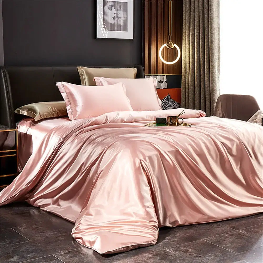 Luxurious turquoise satin bedding set with gold trim – bedroom duvet cover