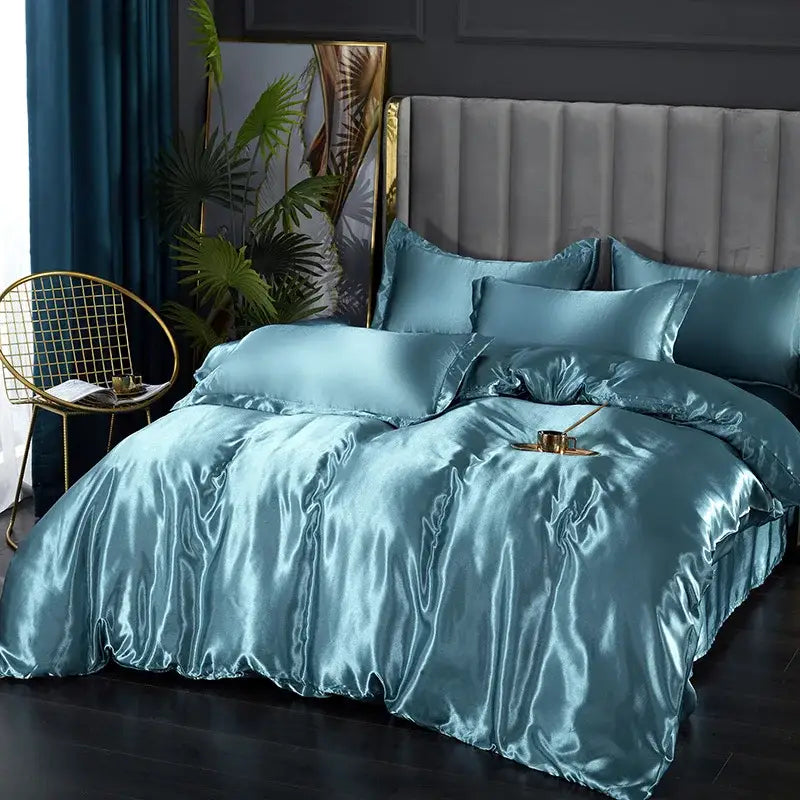 Luxurious white satin duvet cover bedding set bedroom silk finish