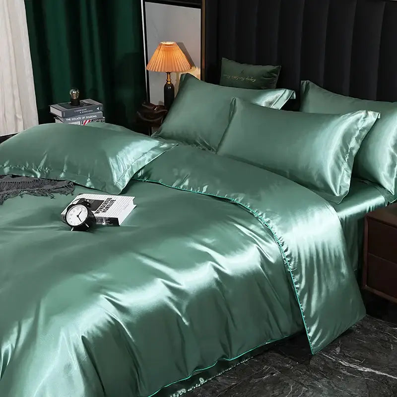 Luminous lime satin duvet cover set bedroom luxury bed sheet